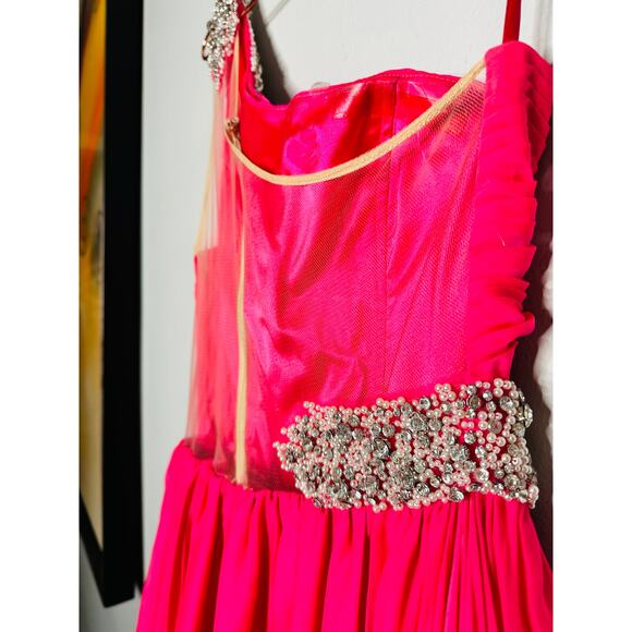 ASHLEYLAUREN Hot Pink Pleated Crystal Pearl Beaded One Shoulder Gown Size 8 - Picture 11 of 15